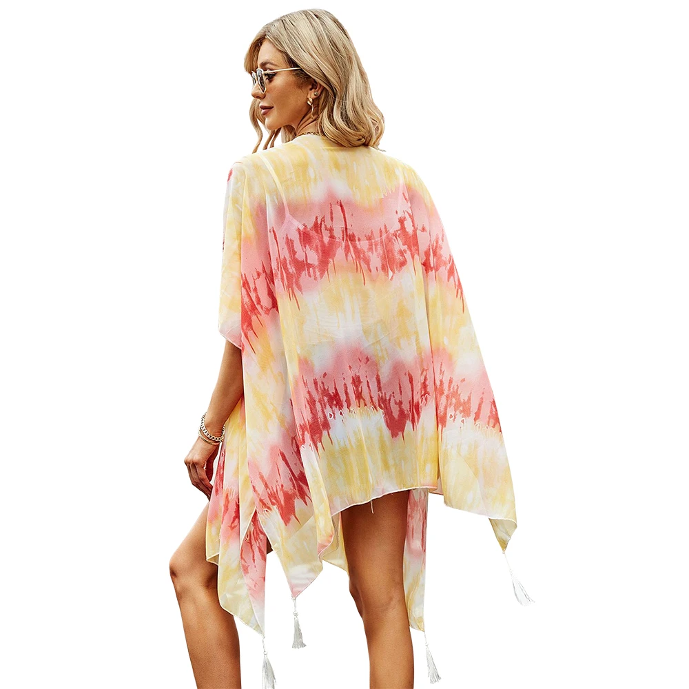 Mulher proteção solar xale senhora verão chiffon cardigan férias biquíni blusa respirável gradiente praia cape tie-dye sexy manto