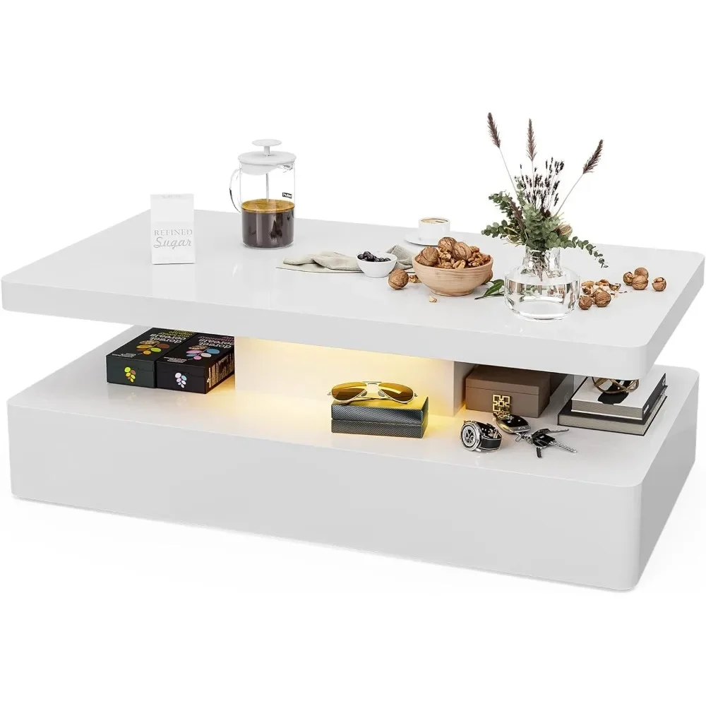 Mesa de centro LED de alto brilho, mesa de centro moderna, mesa de centro de design retangular de 2 camadas com luzes LED de 16 cores