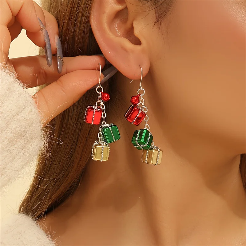 Merry Christmas Colorful Beaded Bowknot Dangle Earrings Fashion Santa Claus Bells Earrings for Women New Year Jewelry Xmas Gifts