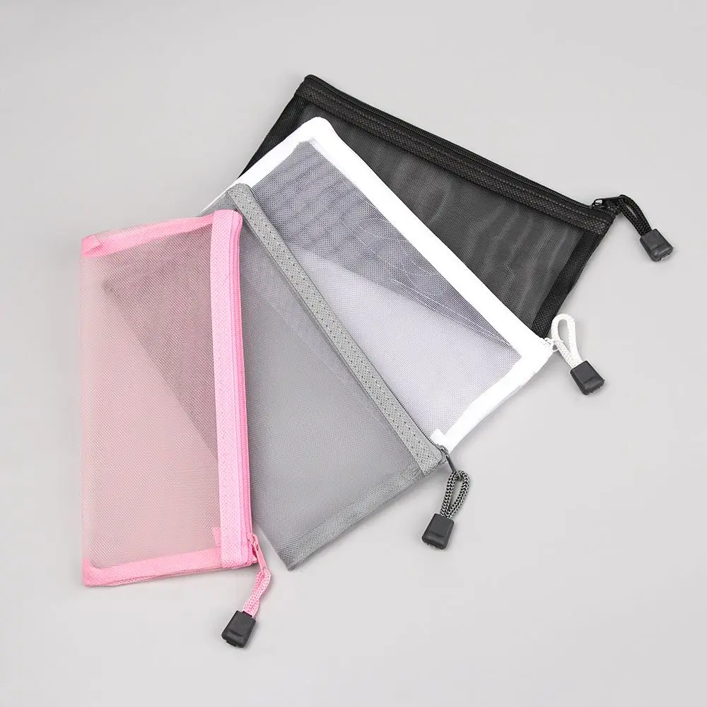 Fashion Solid Color Zipper Pencil Case Nylon Mesh Pen Bag Transparent Grid Handbags Coin Purse Stationery Cosmetic Storage