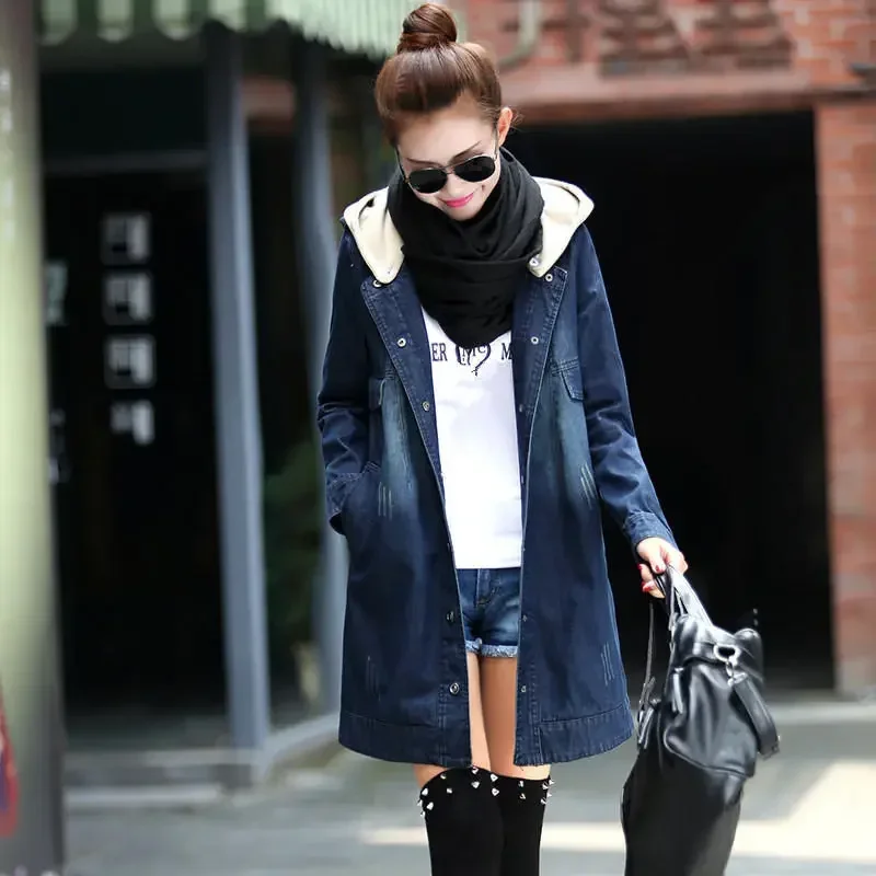 New Large Size 5XL Denim Jacket Women Loose Vintage Hooded Jeans Jacket Female Outerwear Ladies Tops Warm Thick Denim Coat Q2874