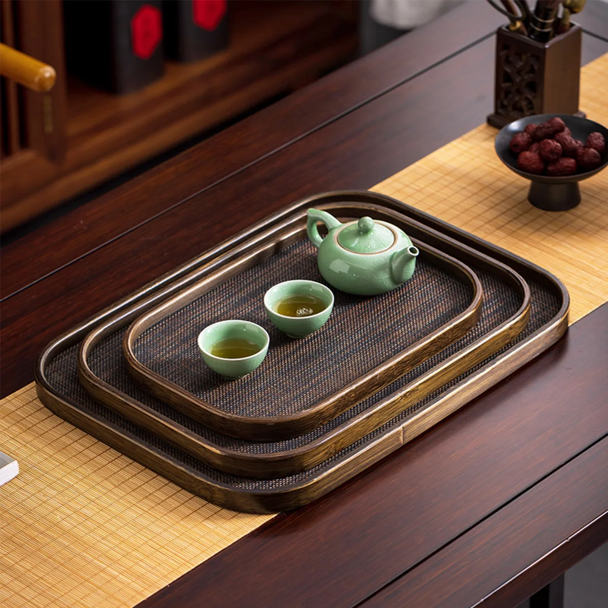 Vintage Gold Wire Rattan Tea Tray Rectangular Dry Brew Storage Home Kitchen Living Room Decorative Item