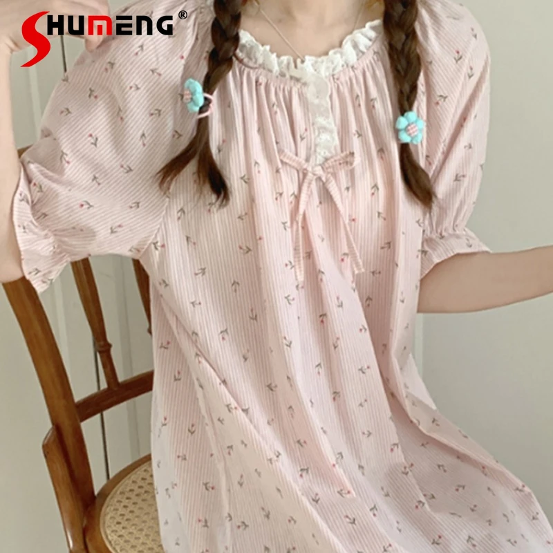 

Summer Striped Floral Sweet Nightdress for Women Off Shoulder Princess Style Loungewear Female Round Neck Nightgown Dress