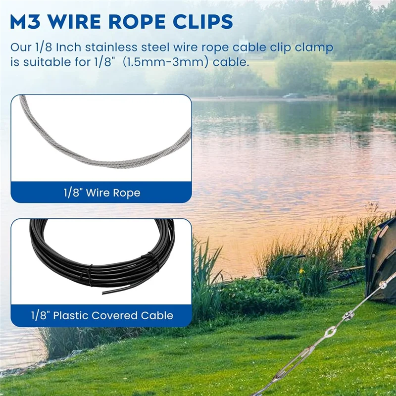 A64K 20PCS 1/8Inch M3 Stainless Steel Wire Rope Cable Clip Clamp, M3 Simplex Single Bolt Wire Rope Clips For 1/8In Wire Rope