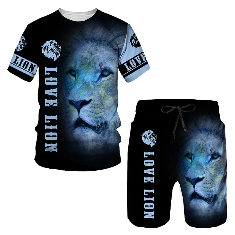 Ferocious Lion Summer Tracksuit Set 3D Printed Casual Men\'s T-shirt Shorts Male Sportswear Short Sleeve 2 Pieces Clothing Outfit