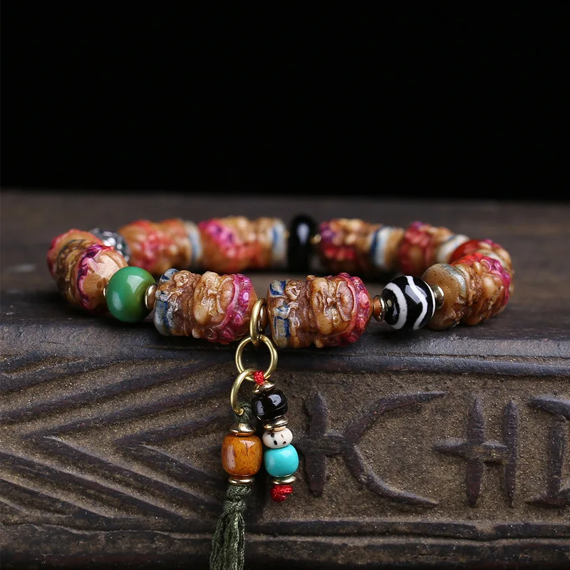 Bone Yellow God Of Wealth Bracelet Men, Single Strand, Colorful Painted Carved Agate, Pattern Dzi Beads, Turquoise Dis