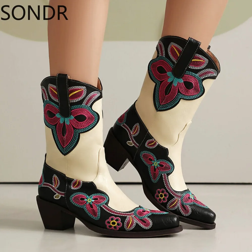 

Womens Embroidery Floral Ankle Boots Pointed Toe Chunky High Heel Chelsea Western Shoes Match Colors Plus Size New 2024