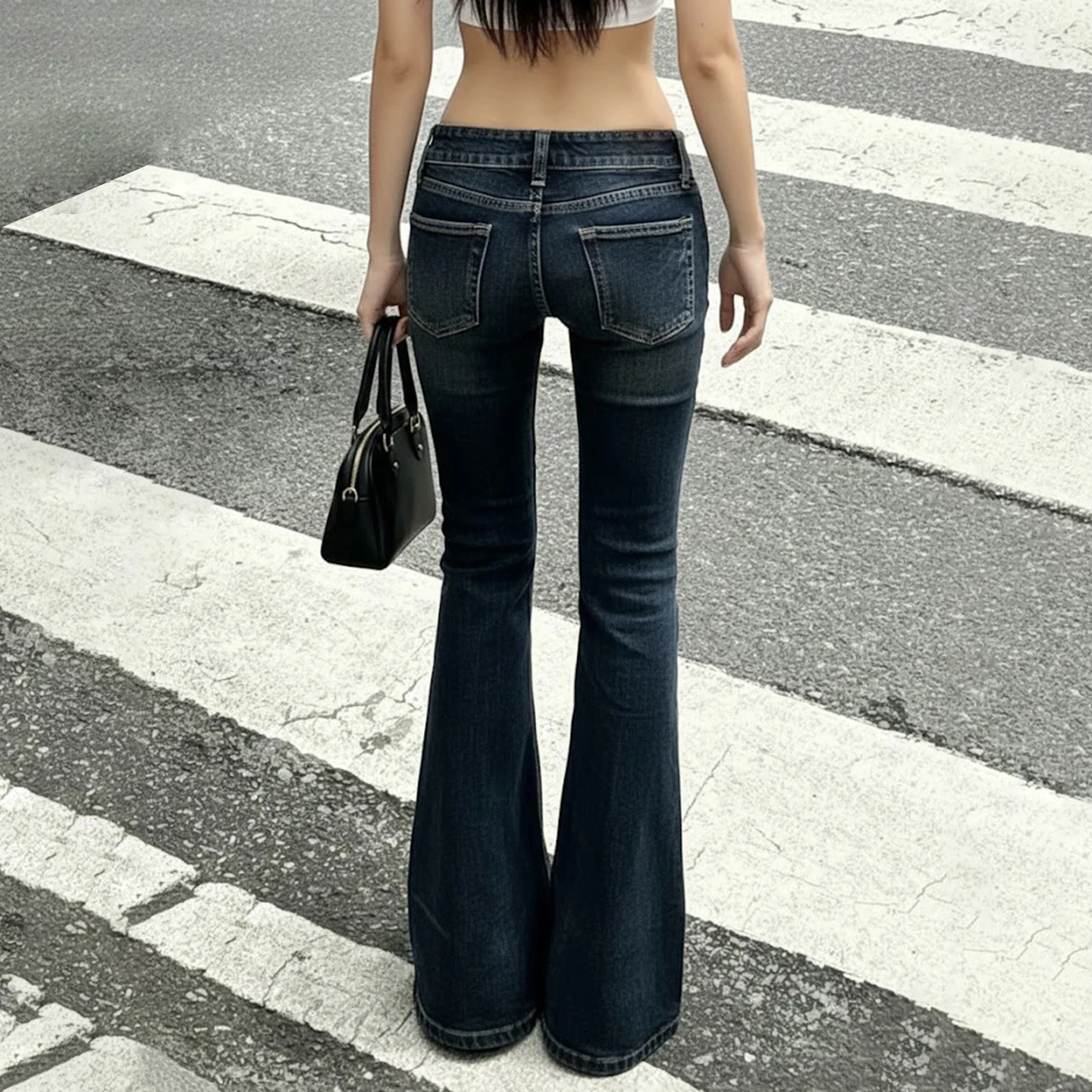Vintage Dark Blue Low Waist Bootcut Jeans for Women Pocket Curved Stitching Slim Flared Denim Bell Bottom Pants Y2K Aesthetic