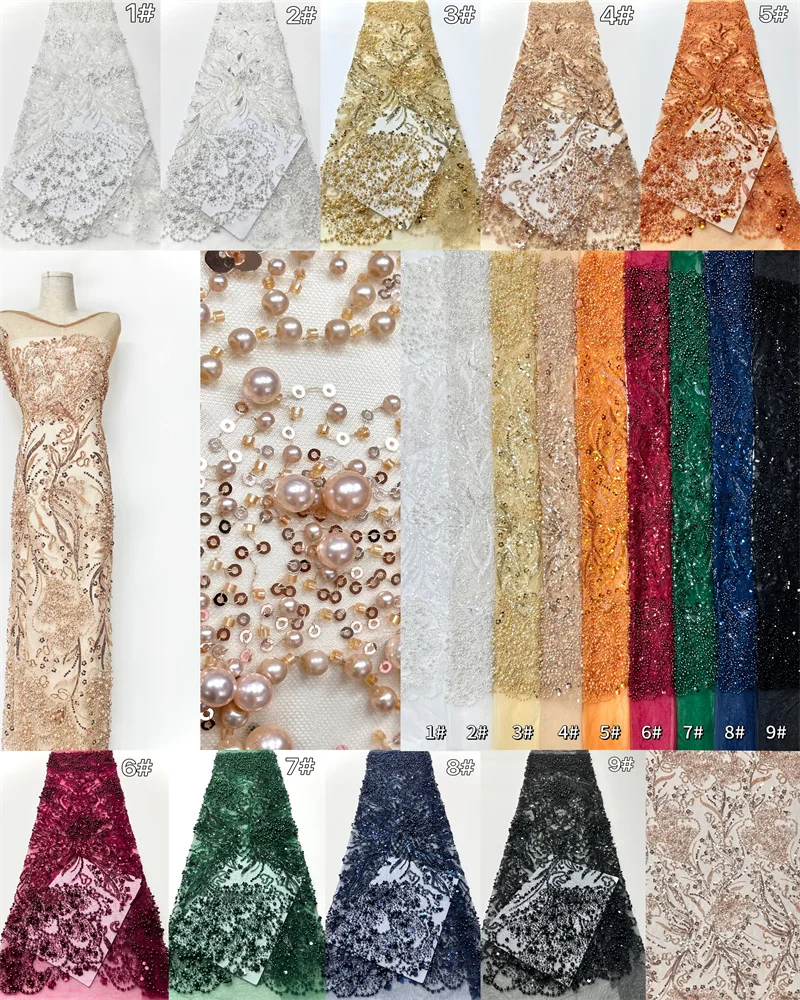 Tela de encaje de novio bordado pesado con lentejuelas africanas de alta calidad, tela de encaje de lentejuelas con cuentas para Material de boda nigeriano