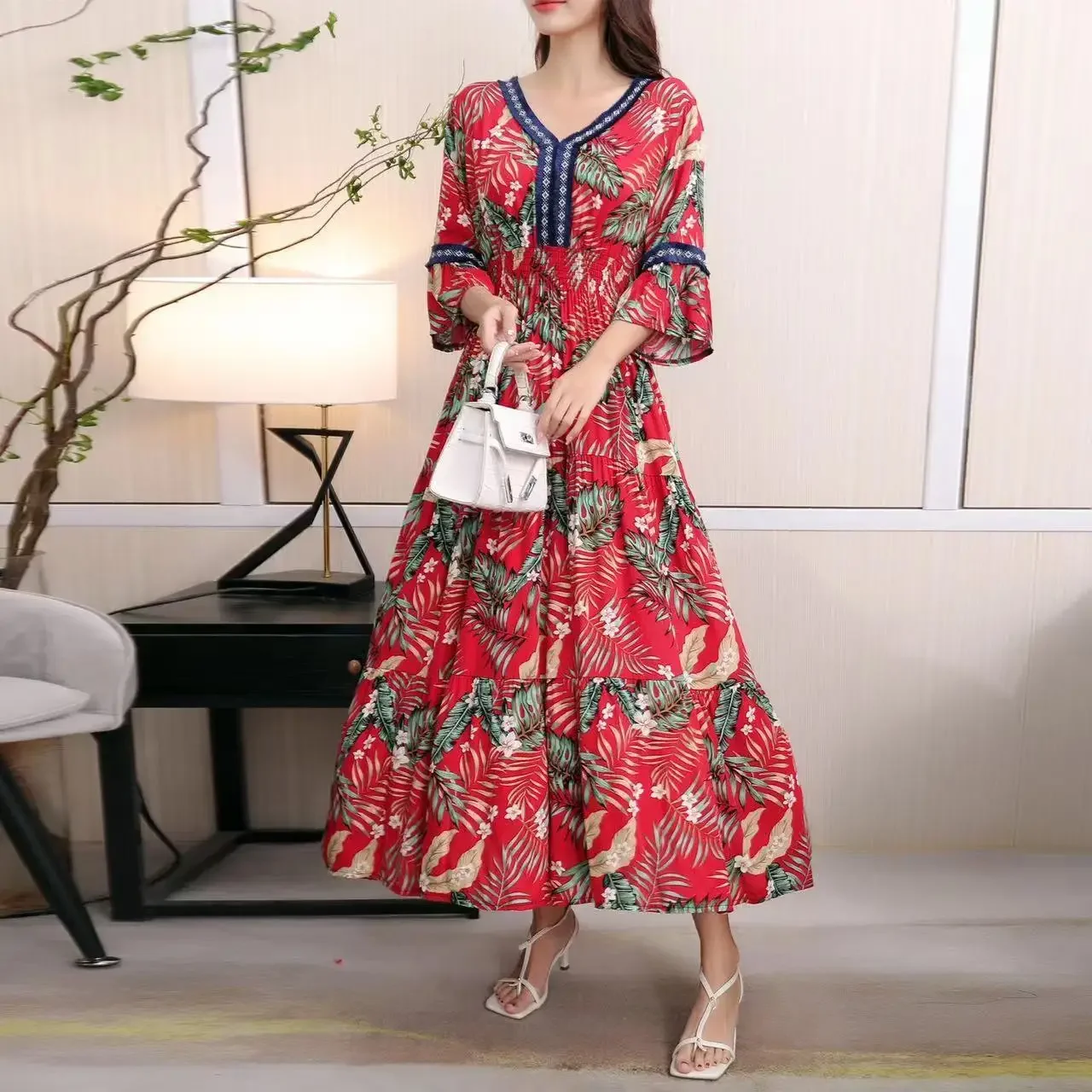 

women's elegant robe bohemian cotton silk floral V-Neck Beach Dress Ruffle Dress women's printed high waist retro dress