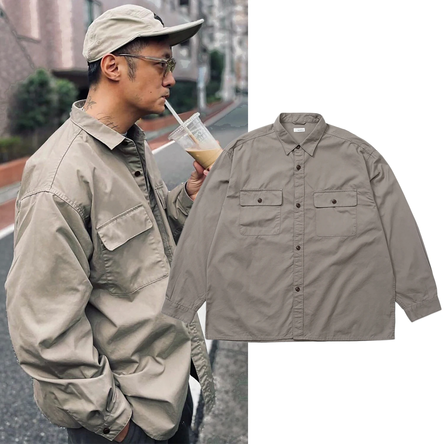 

Khaki Long Sve irt Loose Casual Japanese Sle Trendy Workwear Men's Outerwear Windproof Polyester Youth Faion Autumn
