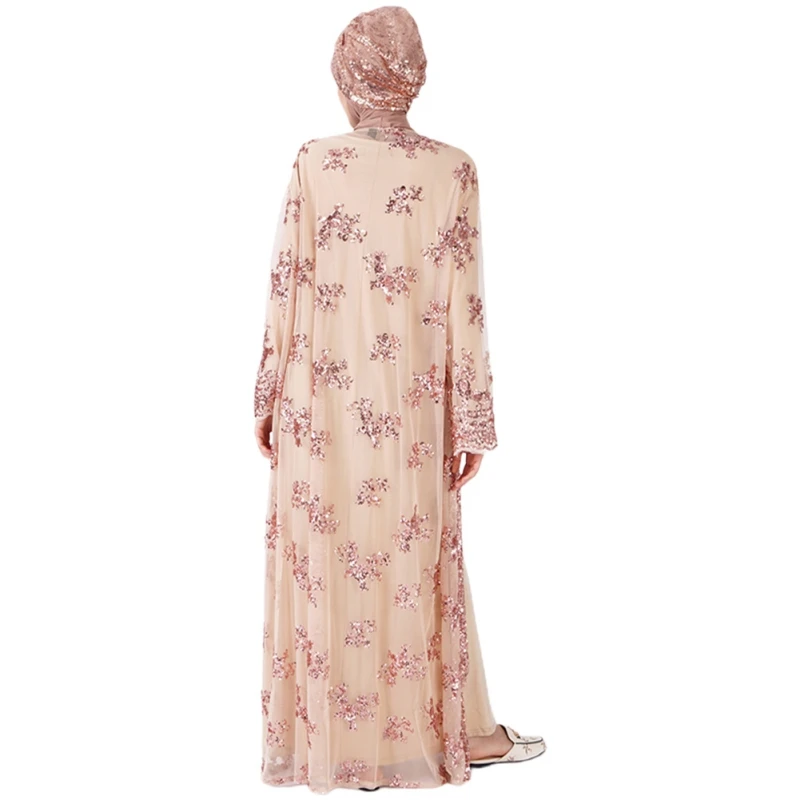 Female Dubai Turkey Maxi Lace Dress Musulman Ensembles Caftan Marocain Islamic Clothing High Waist Long Sleeve Muslim Abaya .