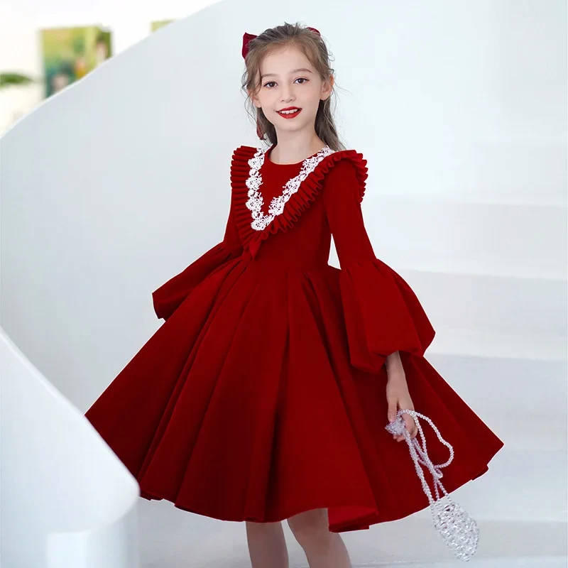 New Year Elegant Girls Red Dress Children Party Long Sleeve Ball Gowns Piano Performance Kid Girl Classic Slim Fit Costumes