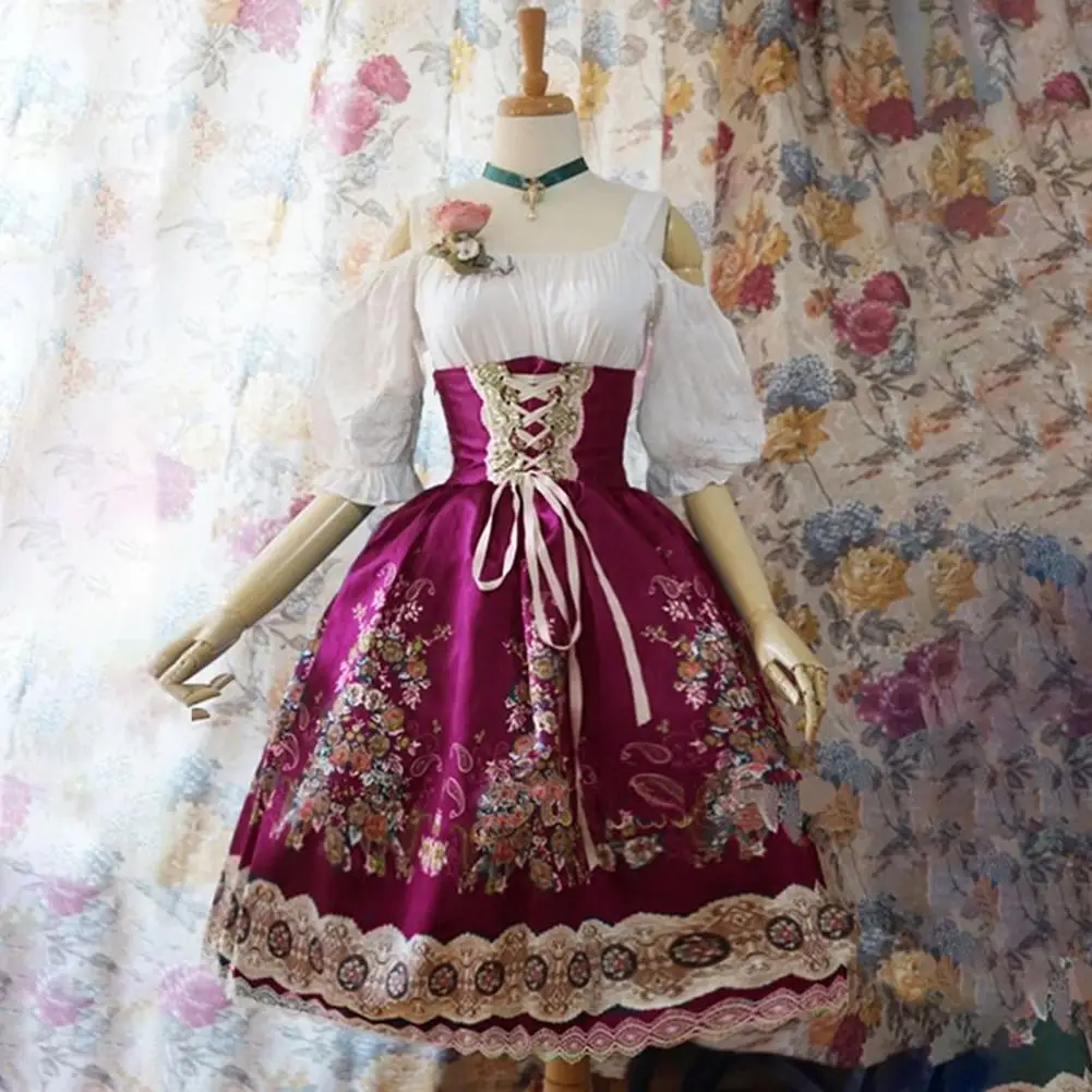 Lolita Dress Elegant Lolita Princess Style Performance Dress with Lace Floral Printing Off Shoulder Design for Halloween Cosplay