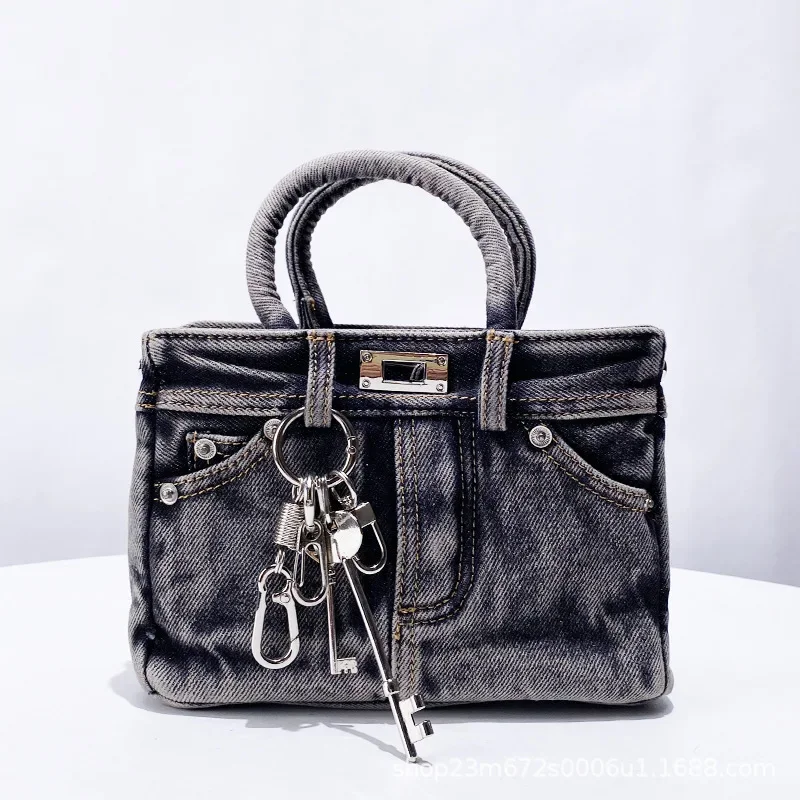 

2025 New Old Jeans Bag Lock Key Pants Bag Retro Style Niche Design Bag One-shoulder Crossbody Bag Women Washing Retro Denim Bag