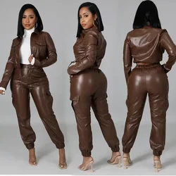 Women Jacket Sets 2 Piece Long Sleeved Slim PU Leather Gripped Pants Set Solid Zipper Fly Pencil Pants Slim Fit High Street Suit