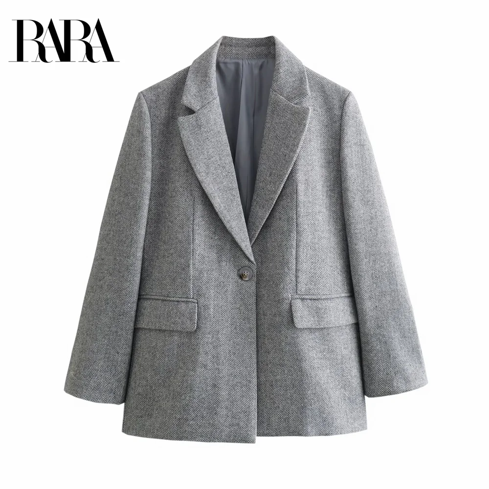 

RARA 2024 Women's Single Button Suit Jacket with Flap Pockets Herringbone Twill Straight Cut Casual Loose Versatile