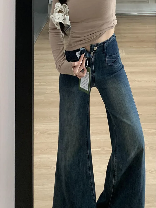

Американские ретро-джинсы-клеш для женщин, свободные широкие брюки, осенняя новинка, с высокой талией, неоднотонные