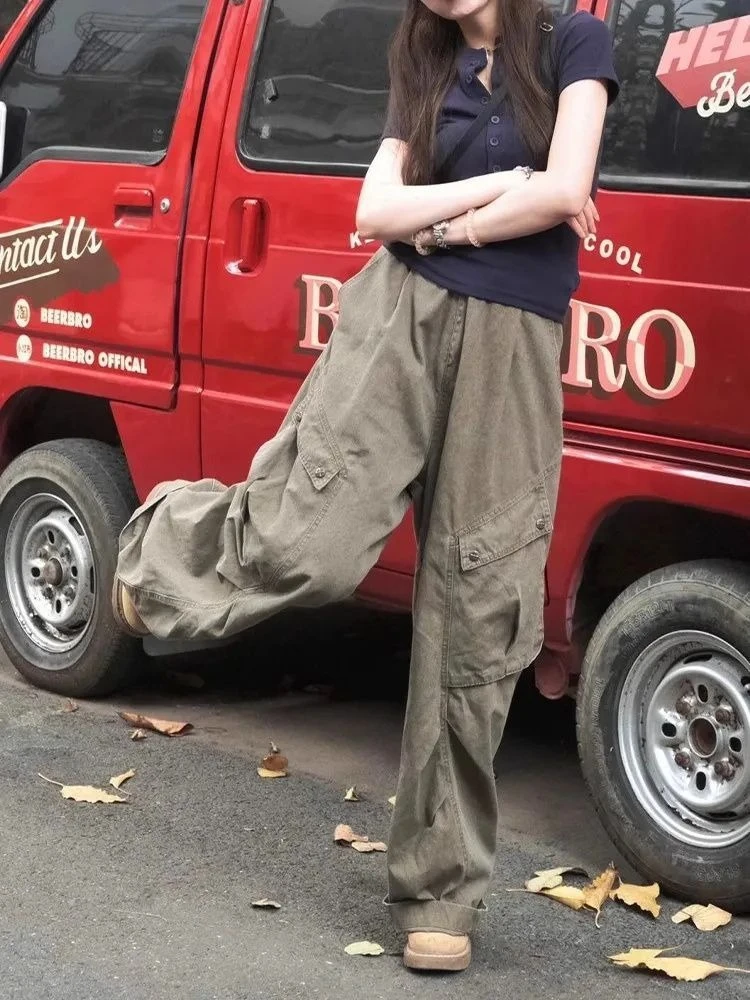Pantaloni cargo in denim con tasca grande retrò americana donna primavera autunno pantaloni casual larghi a vita alta dritti streetwear
