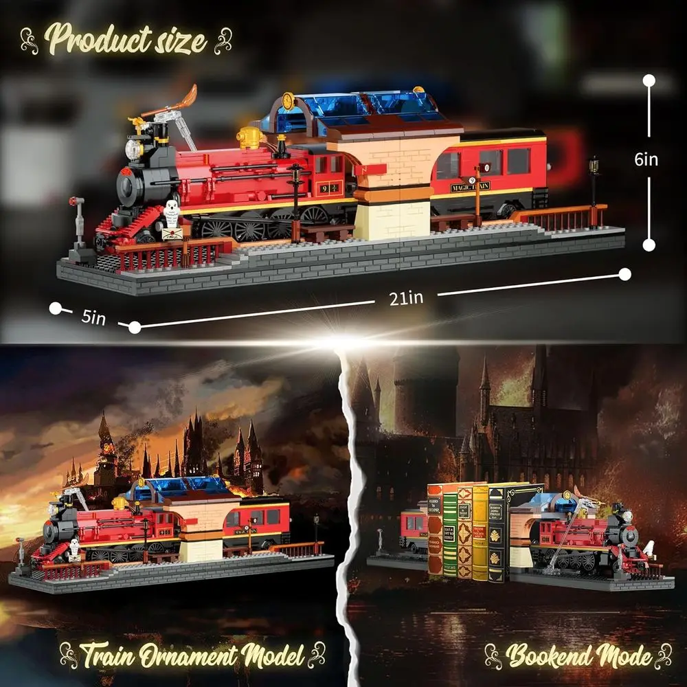 Set di fermalibri e treni magici Harry a doppia funzione, blocchi decorativi da 1068 pezzi, ideali per collezionare e visualizzare, Grea