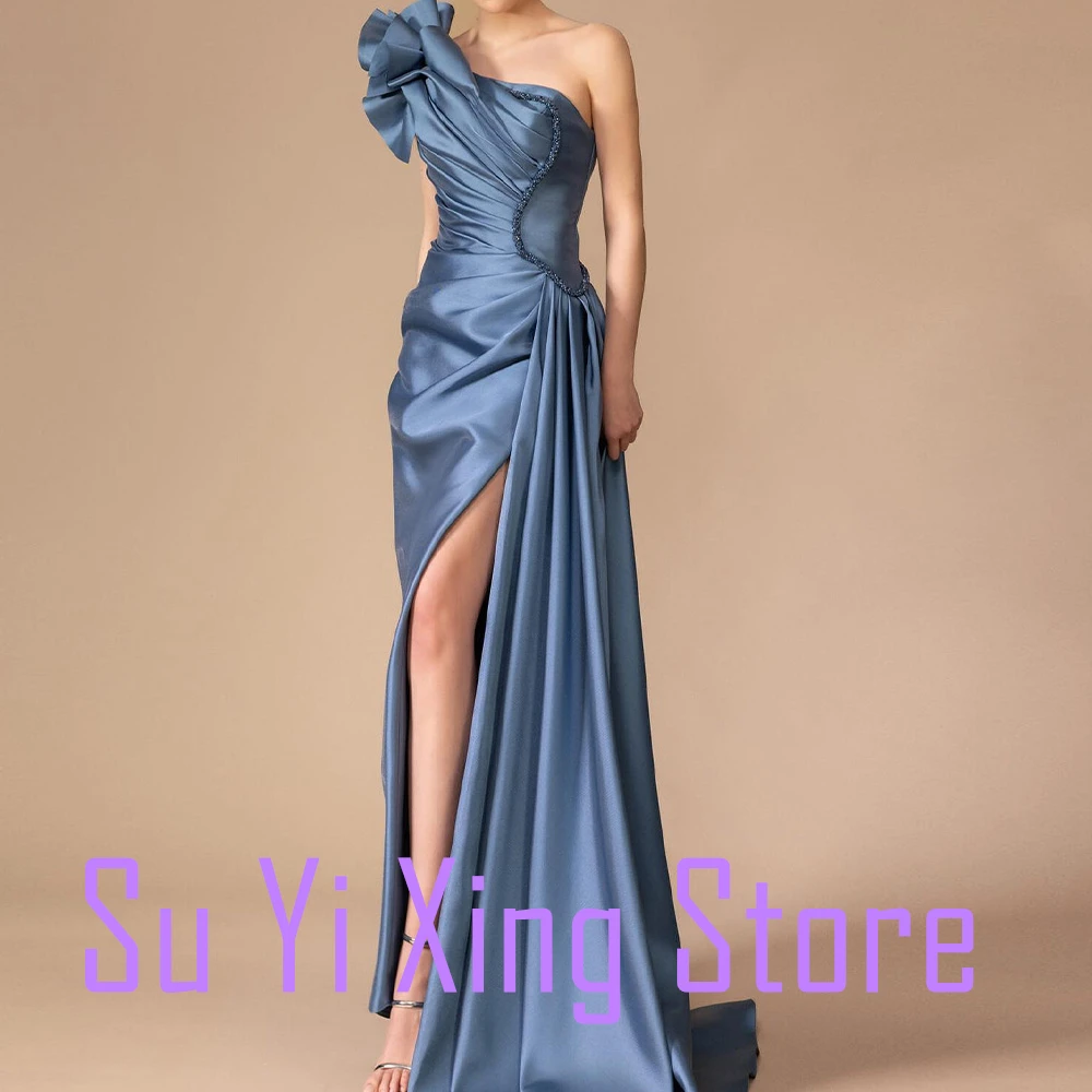 3D Flowers Lace Up Back Panel Train Pleats Ruched Sleeveless Satin One Shoulder Floor Length Side Slit A-Line Evening Dress 2024