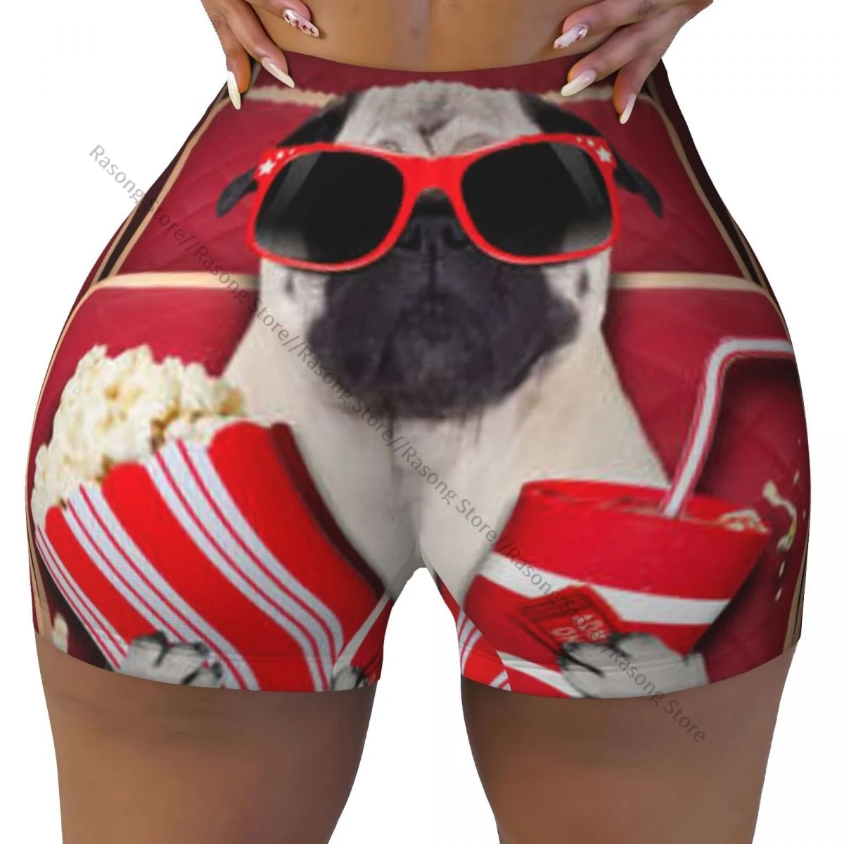 Women's Yoga Short Dog Watching Movie In Cinema With Soda Popcorn Wearing Glasses Scrunch Booty Butt Lifting Comfort Fitness Gym