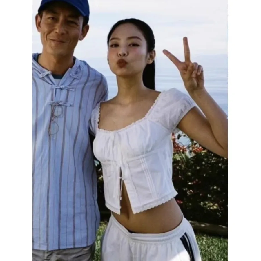 

Jennie White ort Lace irt Square Collar Bow Knot Tie Cotton Bubble Sve Slim Fit Summer Faion Женский топ премиум-класса