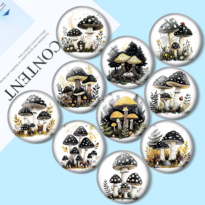 Watercolor Forest Mushroom 10pcs 12mm/18mm/20mm/25mm Round Photo Glass Cabochon Demo Flat Back Making Findings