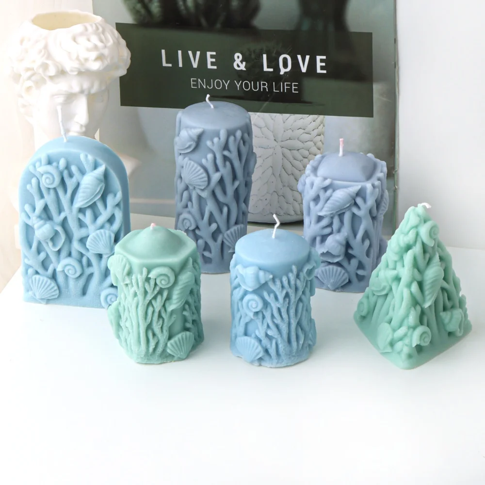 Ocean Breeze Cylindrical Coral Silicone Candle Mold Conical Coral Shell Relief Resin Soap Mold for Candy Clay Candle Art Decor