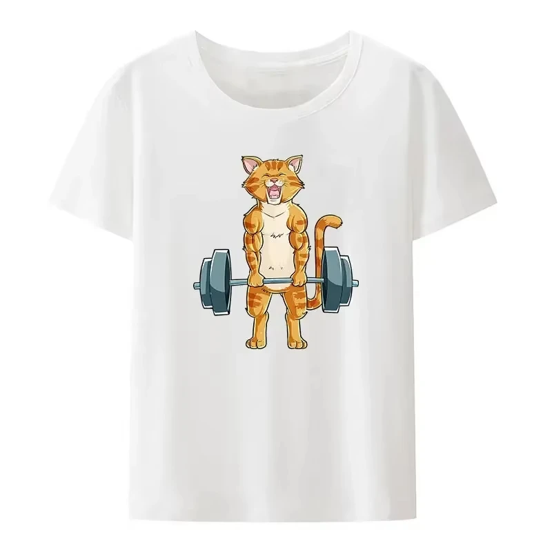 El culturista de gato con una medalla deportiva está haciendo ejercicios con pesas con mancuernas Camiseta Modal Amante del gimnasio Camisa transpirable de algodón