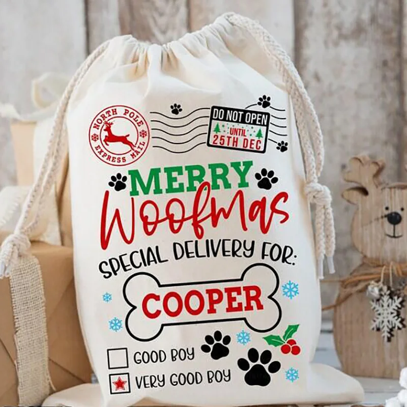 Personalized Custom Dog Name Santa Sack Stocking Merry Woofmas Pet Christmas gift Bag 2023 New Year present Xmas Tree Ornaments