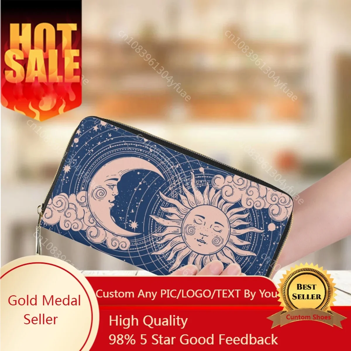 

Moon and Sun Pattern Women's Leather Wallet Luxury Brand Business Bank Card Holder Purse Casual Shopping Money Bag Party Clutch