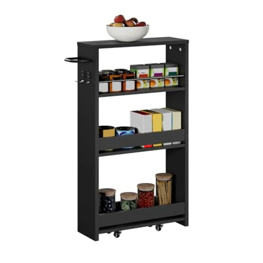 

4-Tier Slim Storage Cart with Handle 5.51" W Rolling Utility Cart on Universal Wheels Kitchen Cart Mobile Shelving Organization