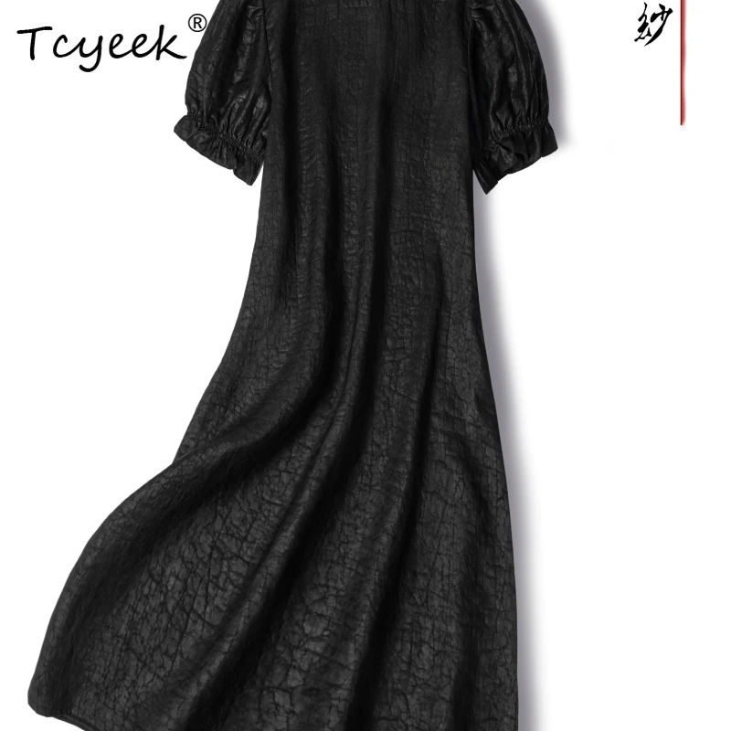 

Tcyeek 100% Mulberry Silk Summer Short Sleeved Bubble Sleeves Slimming A-line Round Neck Mid Length Black Woman Dresses 원피스 여름
