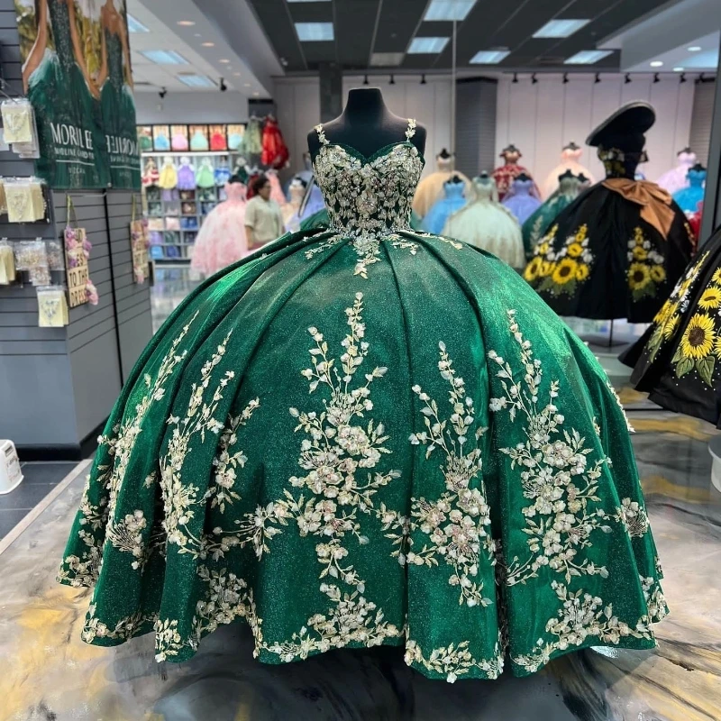 

Зеленые блестящие платья Quinceanera, милое бальное платье с золотой аппликацией, кружевное платье на день рождения, сладкое 16, вечернее платье для выпускного вечера, Vestidos De 15