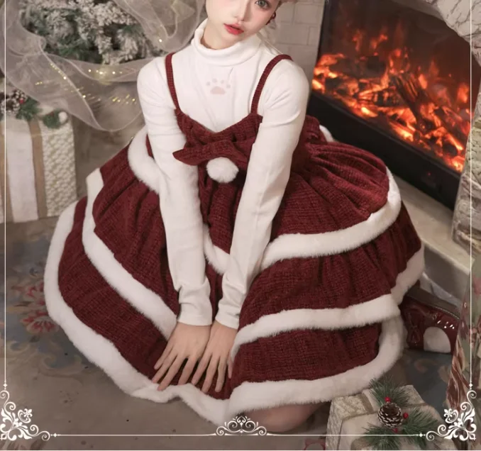 ชุดเดรสสไตล์โลลิต้า คอเฉียง ทรงเจ้าหญิง สีแดง สำหรับฤดูใบไม้ร่วง ฤดูหนาว ปีใหม่ และคริสต์มาส แฟชั่นเอวสูง ช่วยลดอายุ ดีไซน์กระโปรงทรงเค้ก สายเดี่ยว