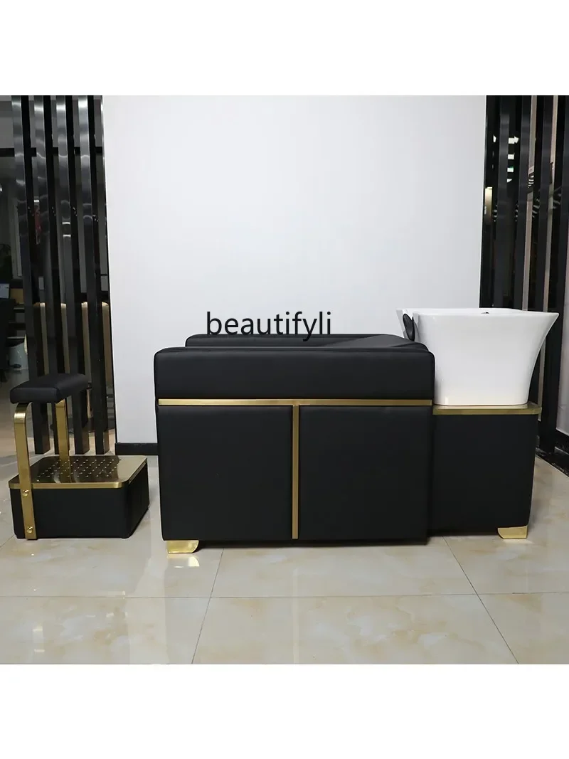 

z1Hair Salon Ceramic Basin Lying Half Stainless Steel Shampoo Chair Barber Shop Hair Salon Flushing Bed