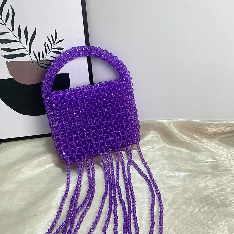 2023 New Acrylic Colorful Red Beaded Women\'s Bags Fashion Personalized Solid Tassel Design Handbag Simple Casual Handwoven Bag