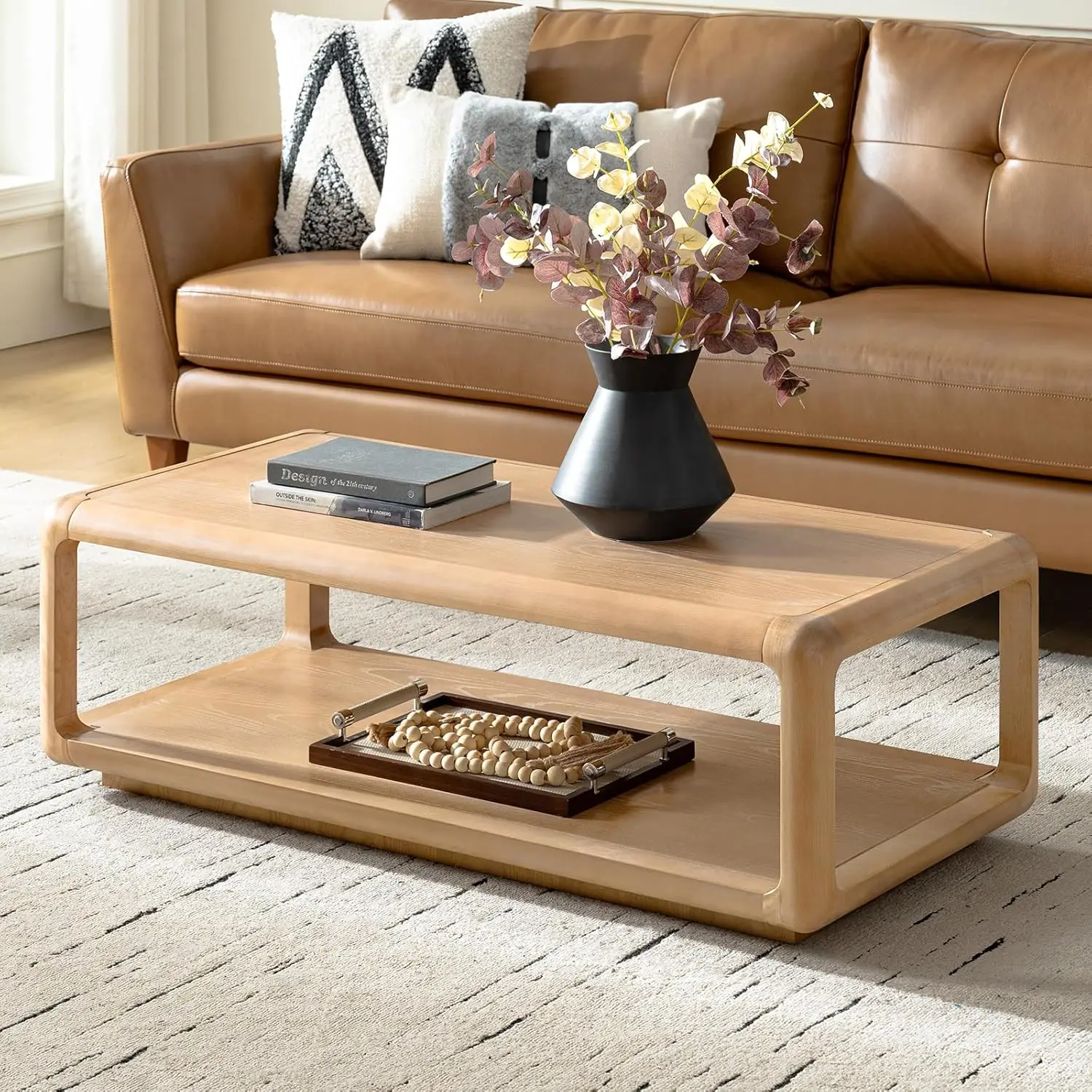 

Solid Wood Coffee Table with Open Storage Compartment, Central Table with Rounded Corners, Natural