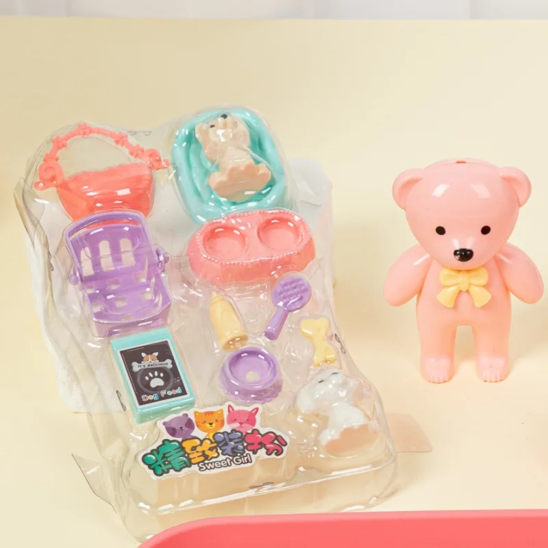Cute Tray Pet Paradise Set Toys Fun Children Play House Toy Cartoon Pet Puppy Bear Trolley DollHouse Accessories Girl Gift