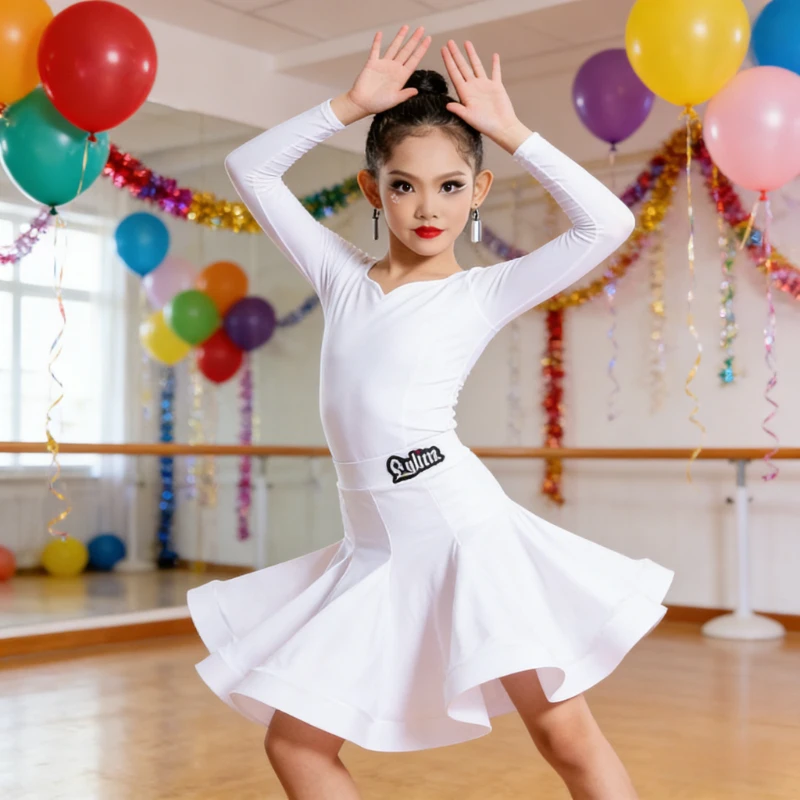 Kids Professional Latin Dance Costume Autumn Winter Large Flared Skirt Suit for Girls Competition Art Test and Level Exam Wear