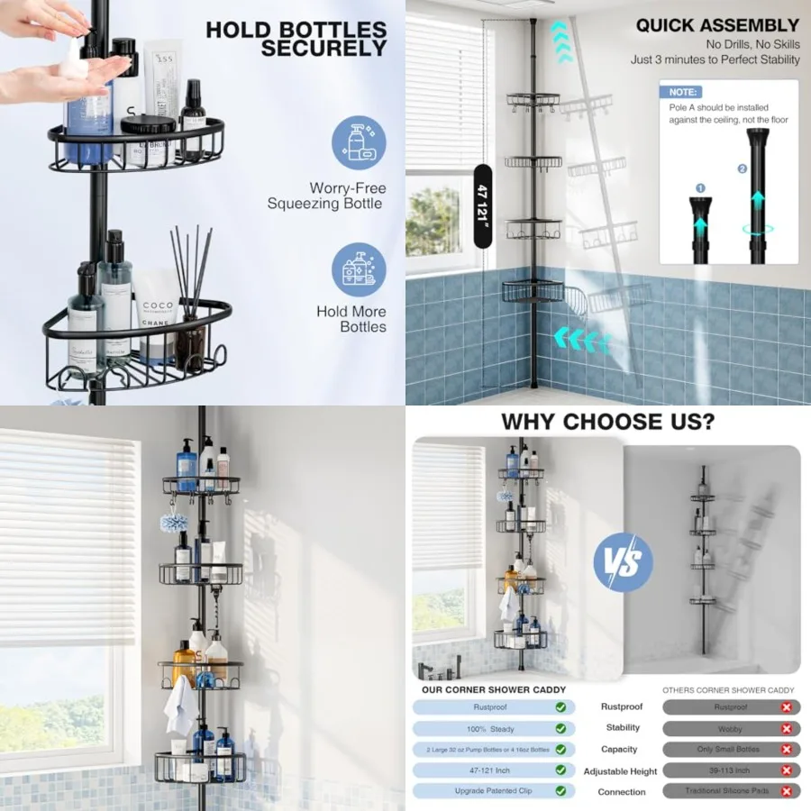 

Corner Shower Caddy Tension Pole: Stainless Steel Rustproof 4-Tier Shower Organizer - 47-121 inch Adjustable Bathroom Shelves f