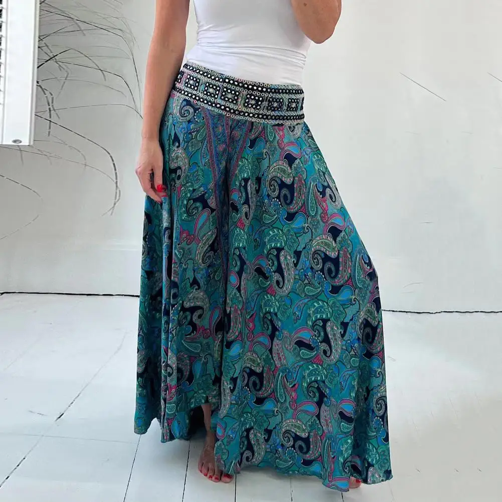 Calça comprida feminina de perna larga cintura alta, calça casual de verão culottes estampa retrô, calças de praia soltas, roupa de rua elástica