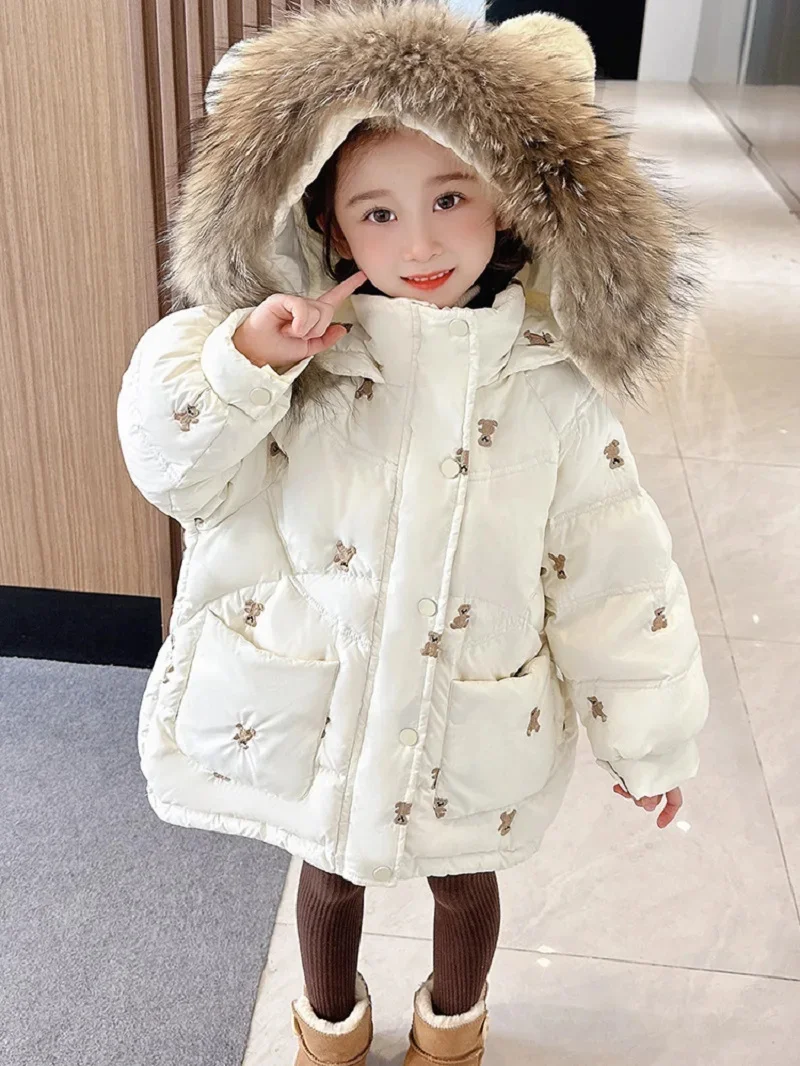 Girls Winter Warm Embroidery Long Cotton Lined Faux Fur Hood Zip Puff Jackets Kids Thick Coats Child Outfits Windbreaker 2-12 Yr