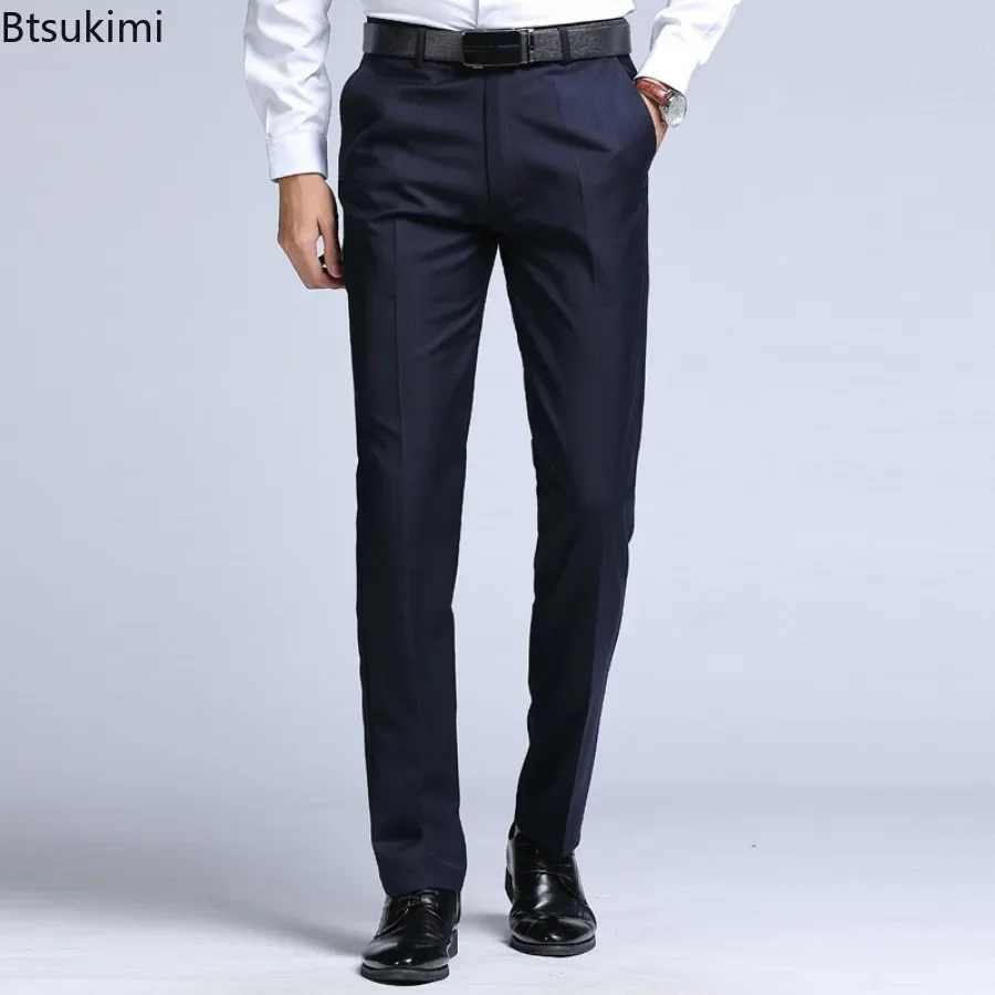 2025 Men\'s Dress Suit Pants Elastic Straight Formal Business Office Club Party Trousers for Men Solid Slim Casual Pants Oversize