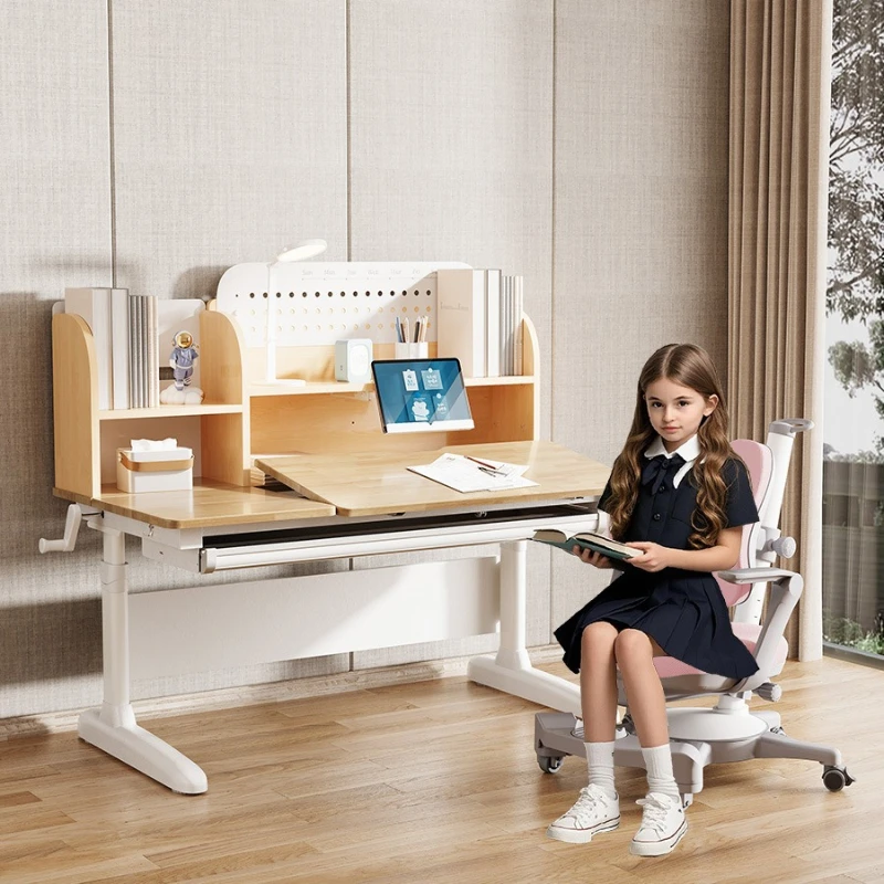 

Children's study table and chair set Household lifting student solid wood writing table