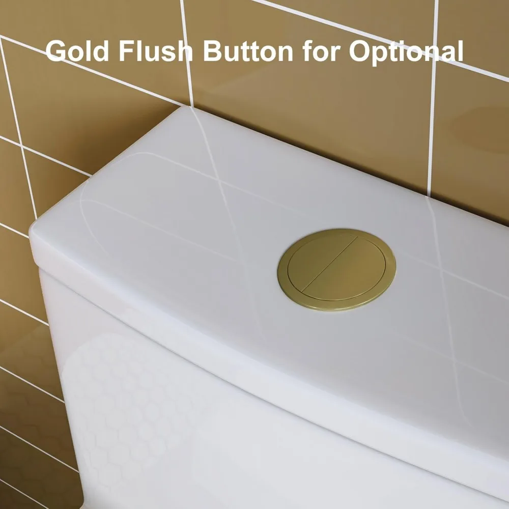 One Piece Toilet with Gold Button, Elongated Toilet with Comfort Seat Height, Standard White Toilet Bowl, Gold Tank Button