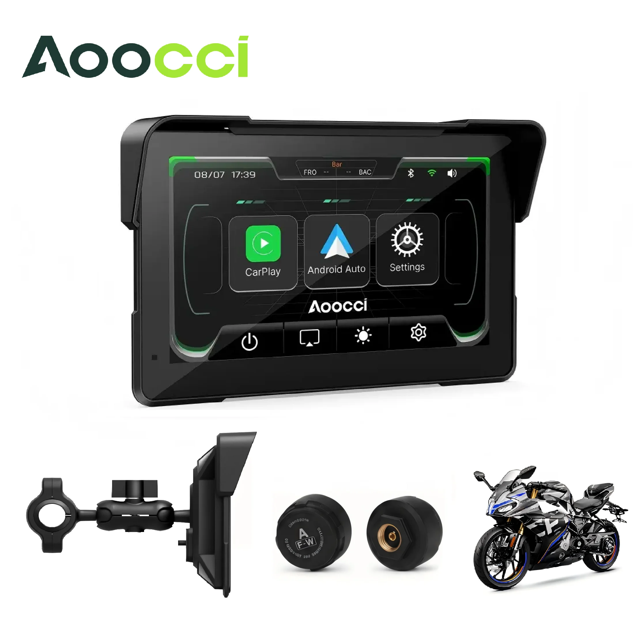 Aoocci C7 Motorcycle Carplay GPS Navigation System for Apple CarPlay & Android Auto 7inch Wide Display HD Touchscreen Dual Bluetooth IP67 Waterproof CarPlay Motobike,TPMS,Motorcycle Accessories