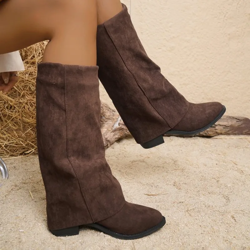 

Women's Boots Sewing Vintage Slip on Mid-Calf Boots Flock Pointed Toe 4.5CM Knight Boots Elegant Comfortable Shoes Women Brown