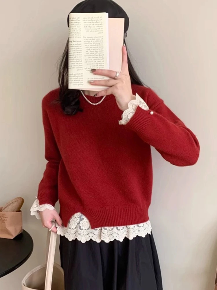 

Шерстяной вязаный свитер с кружевом, модный осенний базовый слой, свободный утягивающий свитер на голову, корейский свитер для поездок на работу и ветер